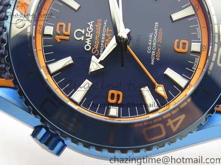 0818 FreshLook Planet Ocean 45mm GMT Blue DLC Black OMF Best Edition Blue Dial On Blue Gummy Strap A 8123